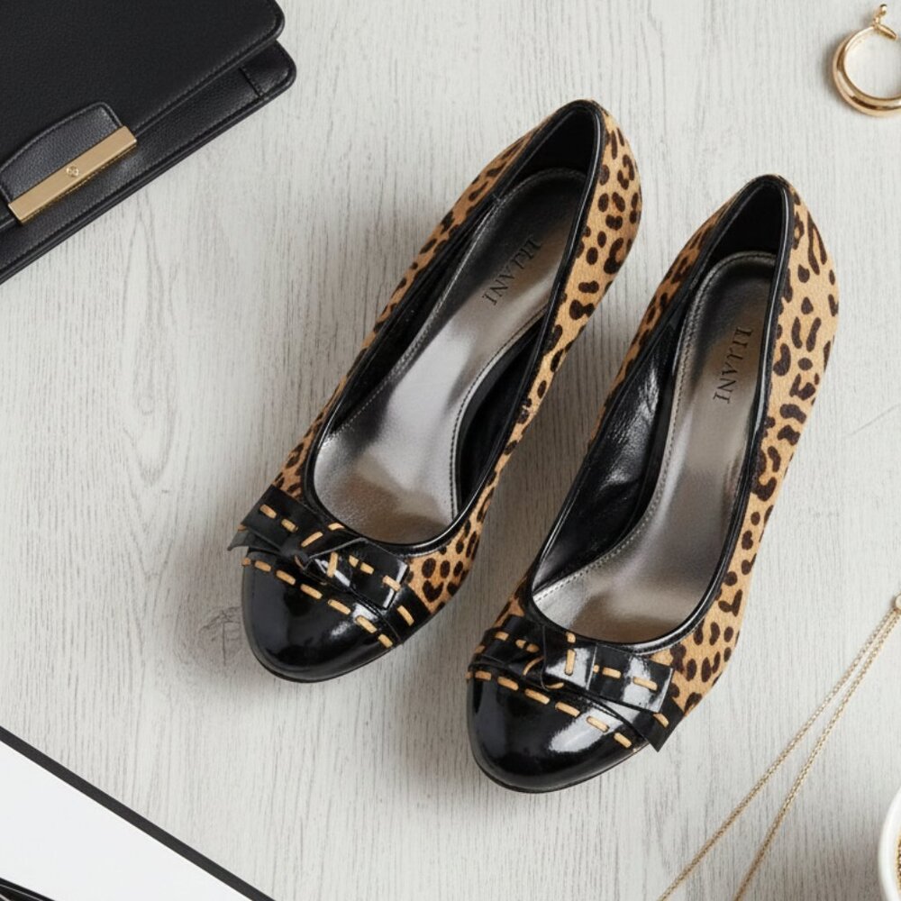 Alfani Women’s Leopard Print Calf Hair Kitten Heels - Black Patent Bow - Size 8
